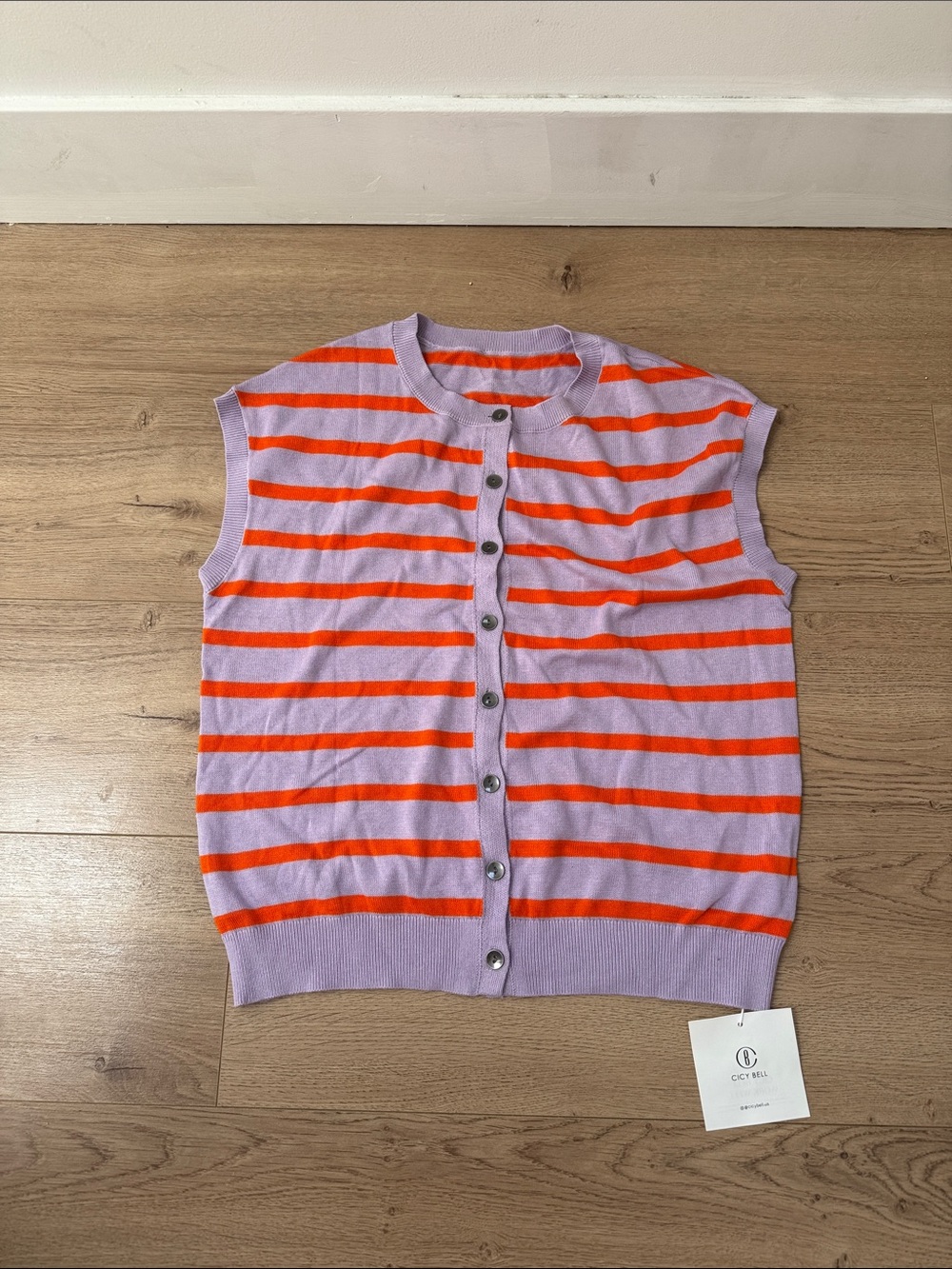 Lavender and Orange Striped Sleeveless Button Cardigan
